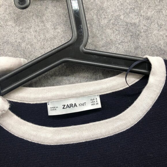 Zara Short Sleeve Knit Sweater Womens S Black White Crewneck Cropped Tight Knit - Picture 11 of 11